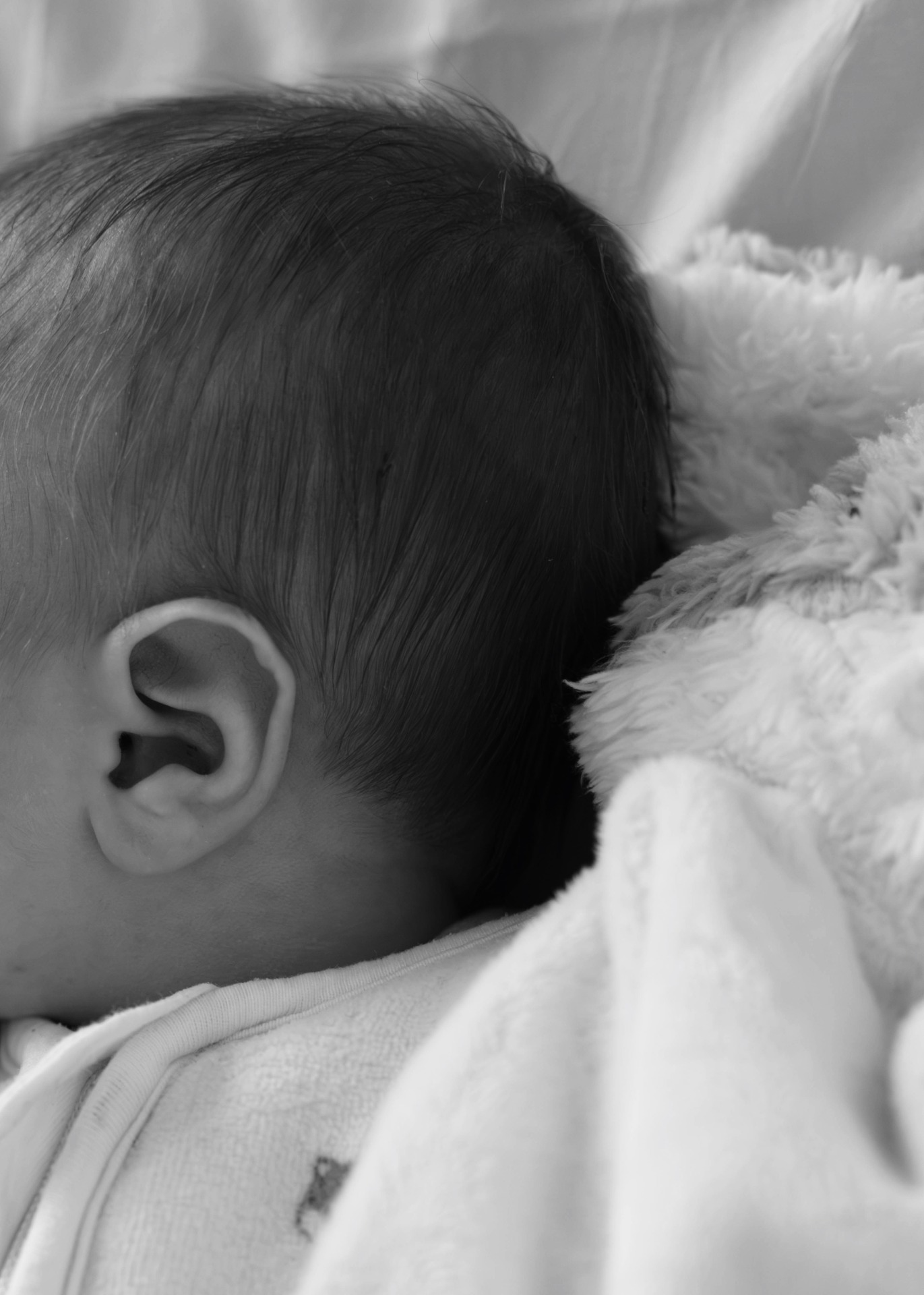 bébé venant de naitre. Dans son berceau à la maternité. Photo en noir et blanc.